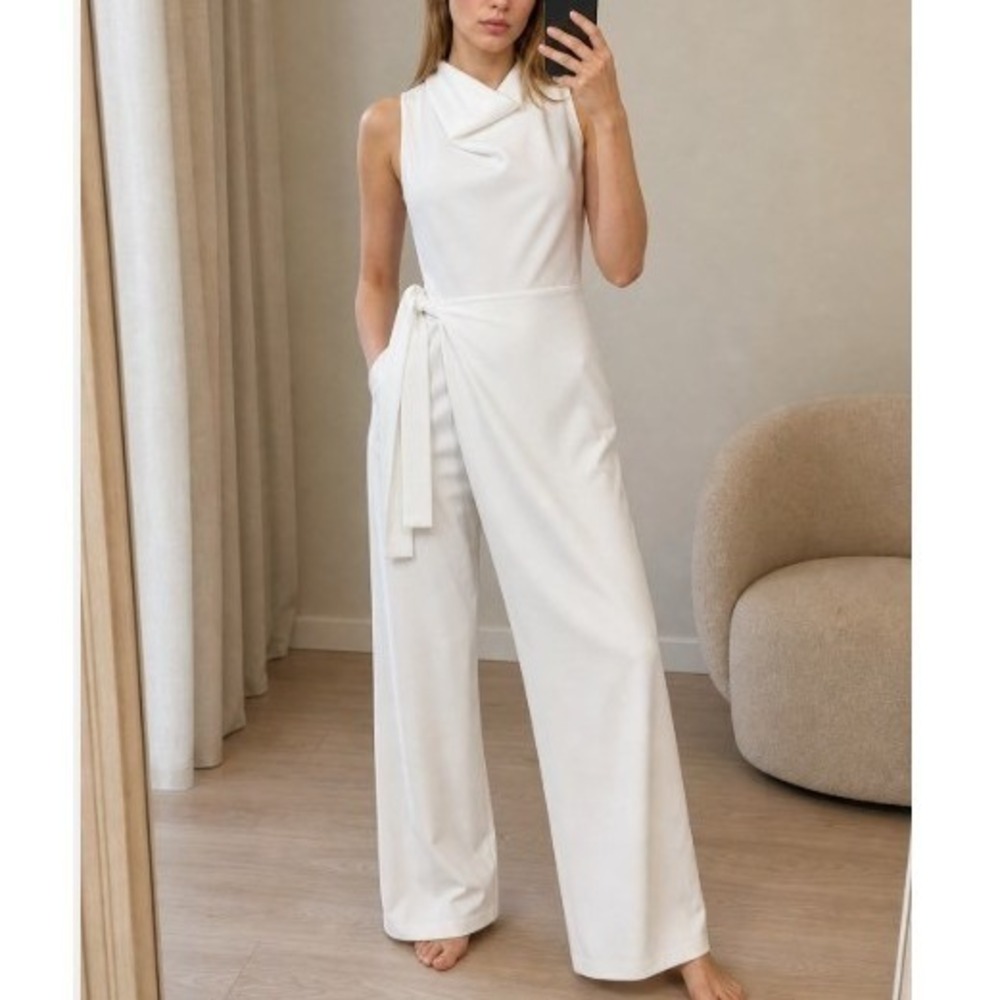 ZARA White Wrap Cowl Neck Sleeveless Flowy Wide Leg Tie Belt Jumpsuit S